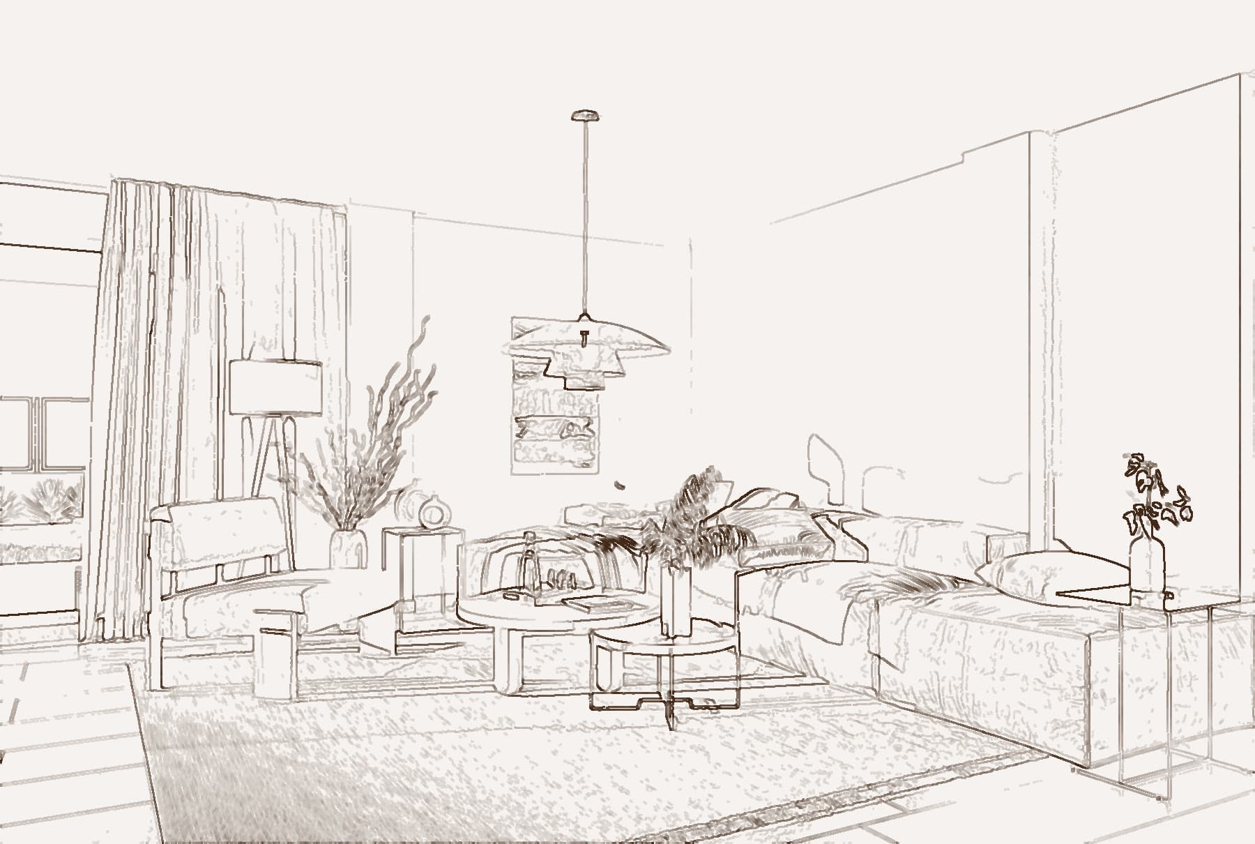 Dibujo a línea del mismo estar: volúmenes del sofá, la lámpara y las cortinas